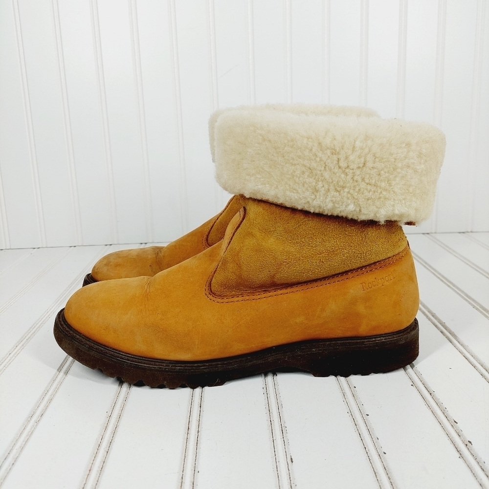 Rockport Tan Brown Leather Fold Over Fur Trim Ankle Boots D369